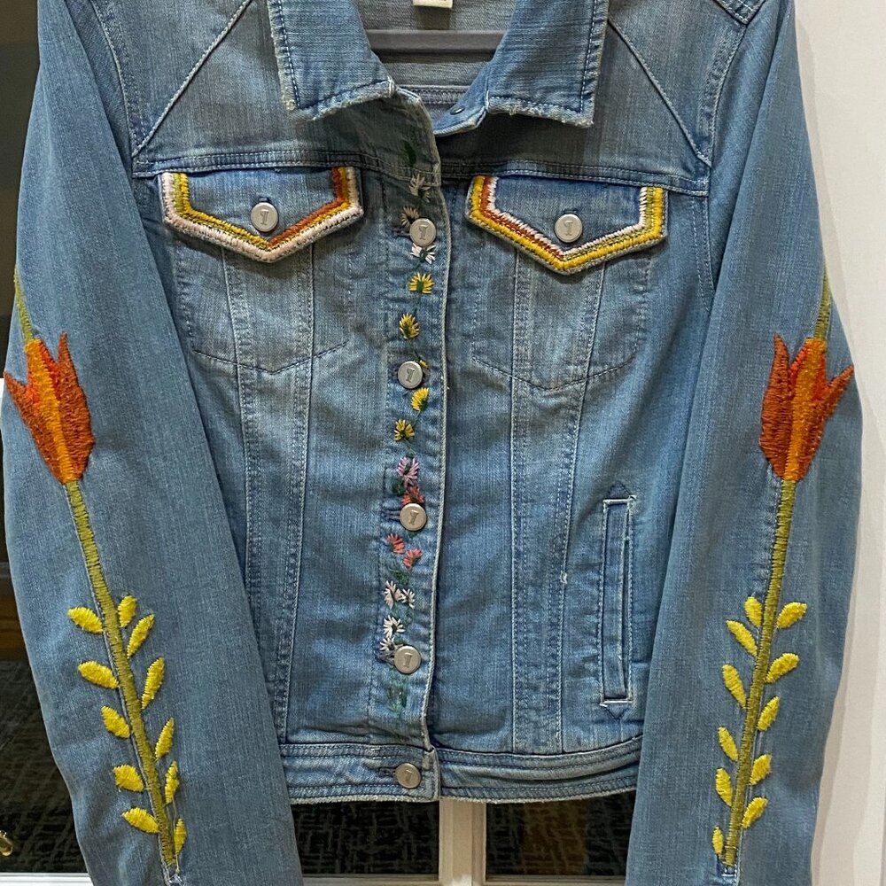 Anthropologie Pilcro Embroidered Sunflower Denim Jean Jacket Cropped  Women L